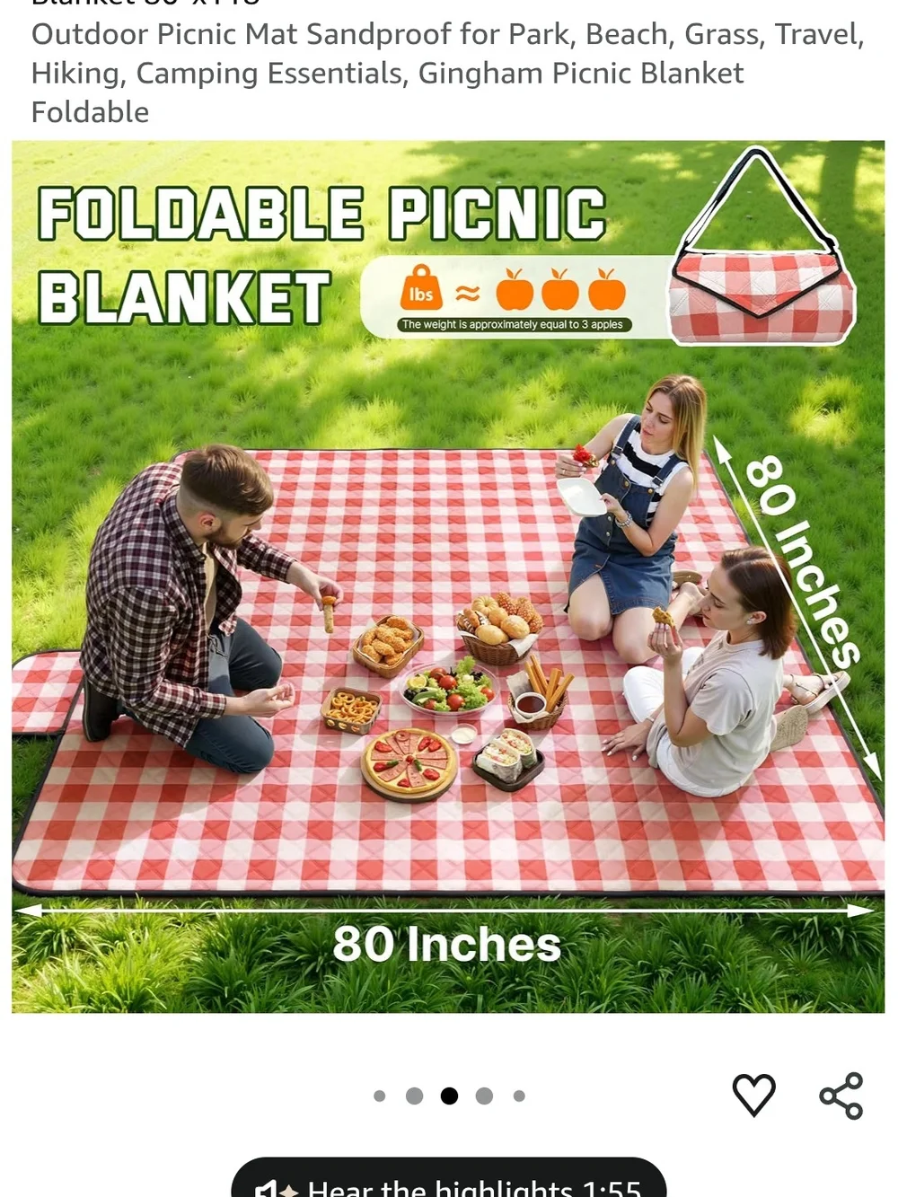 Red Gingham Picnic Blanket Quilted Waterproof XL New